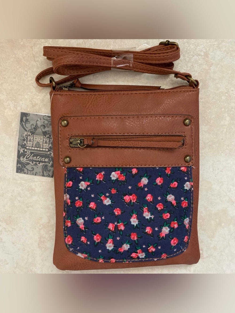 *BRAND NEW* Chateau Red Floral Navy Blue Purse Brown Faux Leather Crossbody Bag